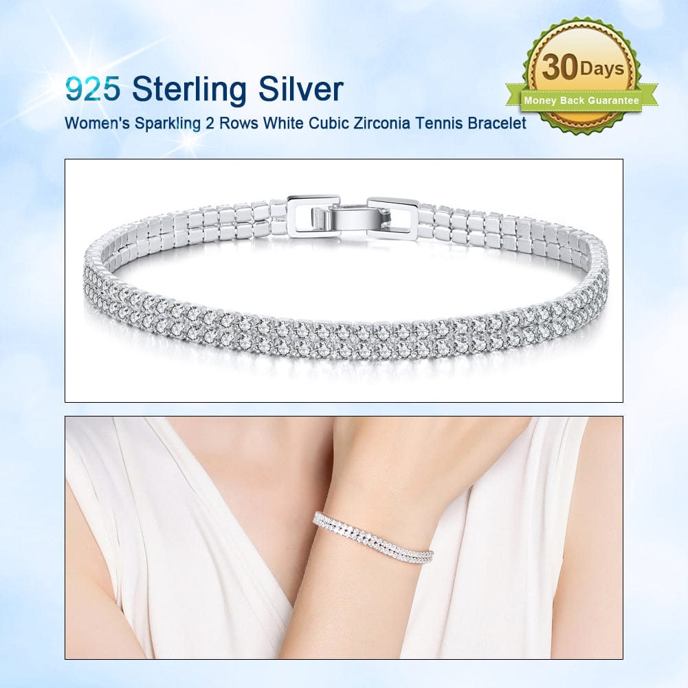 925 Sterling Silver -2 Rows White Cubic Zirconia Tennis Bracelet