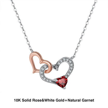 18+2 inches / FN35-R (10K) Pure Gold Natural Garnet  Necklace - Mossianite Diamonds Double Heart Pendant