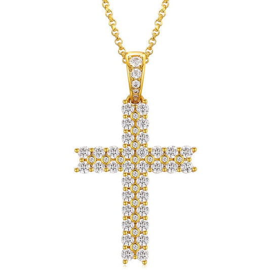 18inches / Gold 925 Sterling Silver Two Row -  VVS Moissanite Diamond Cross Pendant Necklace With Chain