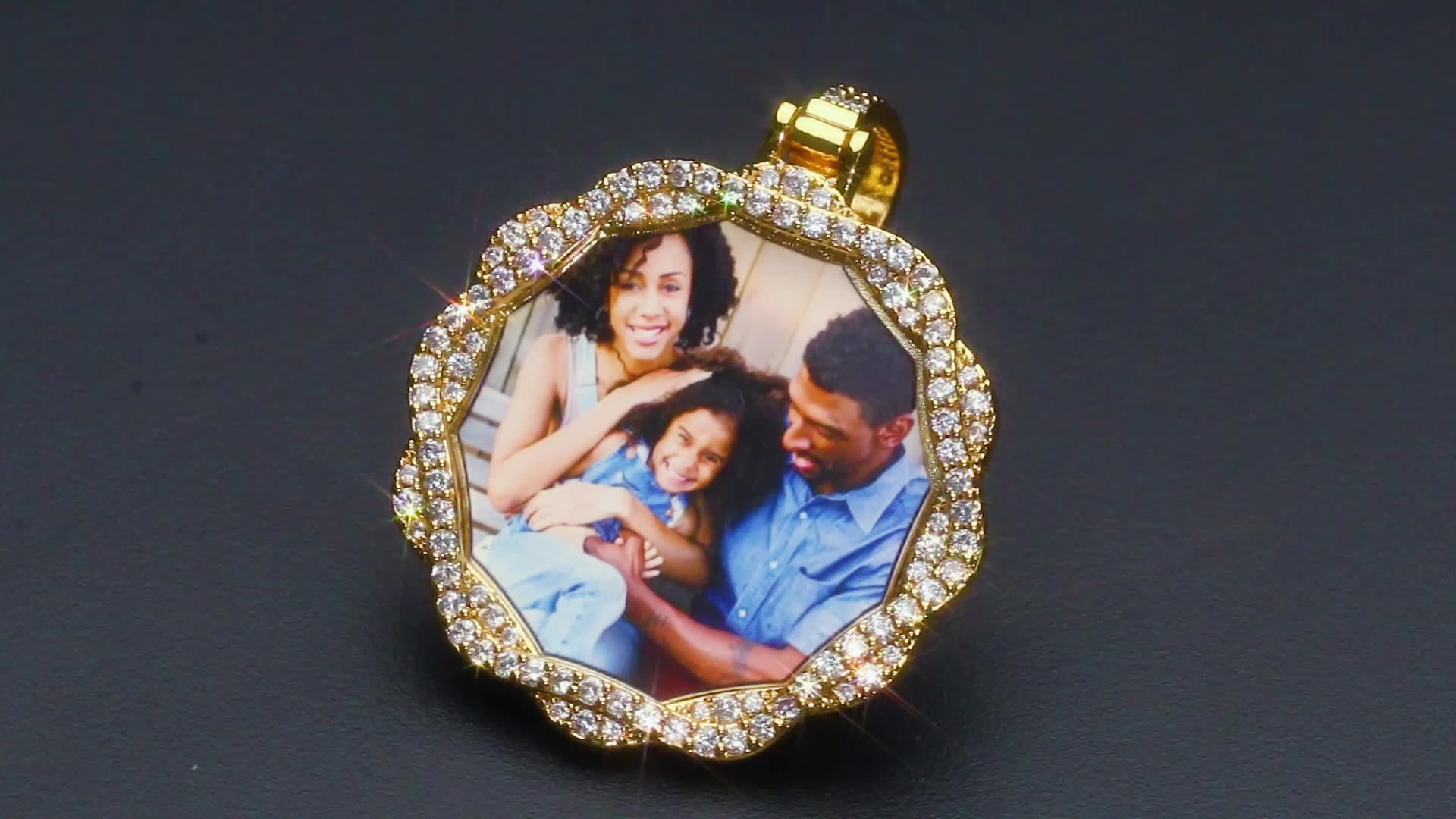 18K Gold Filled Zircon Picture Pendant DIY Custom photo Sublimation Blank Pendant With Chain