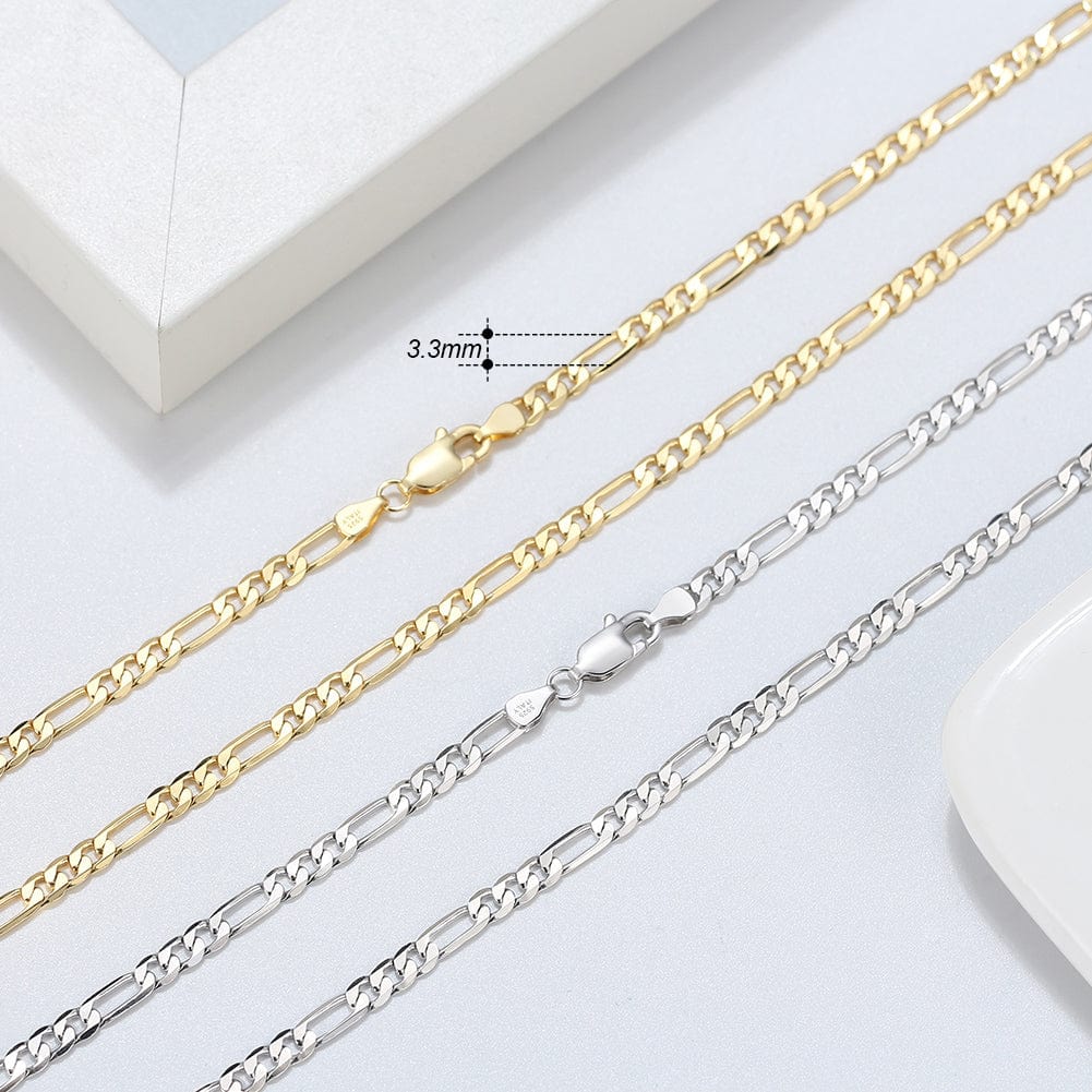 18K Gold Hiphop Jewelry - 925 Sterling Silver Necklace  - 3.3mm Diamond-Cut Figaro Chain