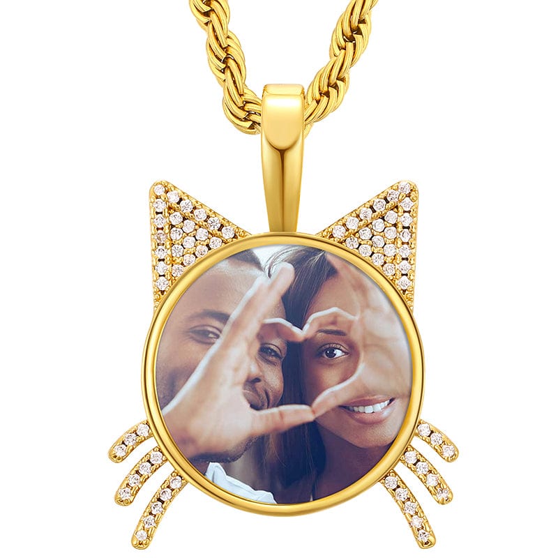 Custom Gold Plated Cute Cat Head Photo Pendant Bling CZ Diamond Memory Photo Frame Pendant