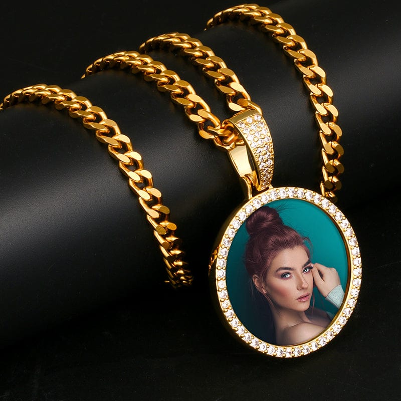 Gold Plated Paved CZ Stone Round Shape Custom Photo Pendant