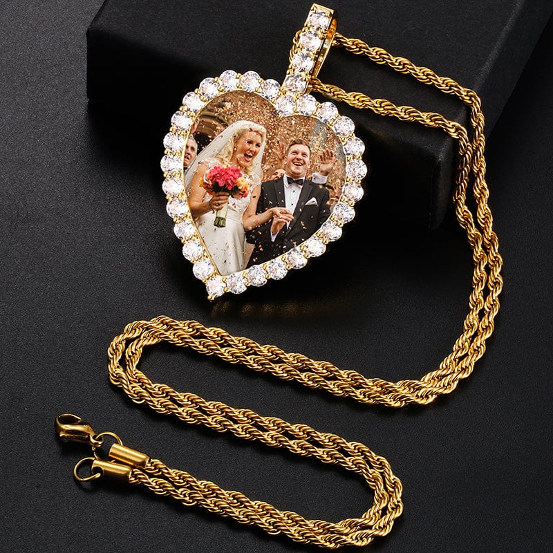 Heart Shape Hip Hop Jewelry Gold Plated Necklace Sublimation Blanks Picture Pendant