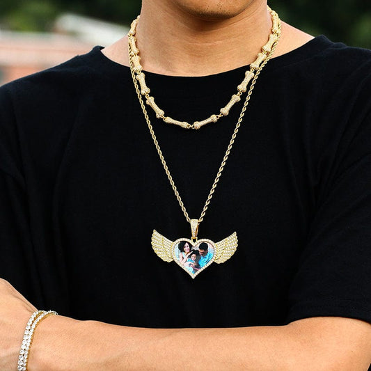 Gold Plated  Custom Wing Necklace -  Cubic Zirconia Iced Out Pendant