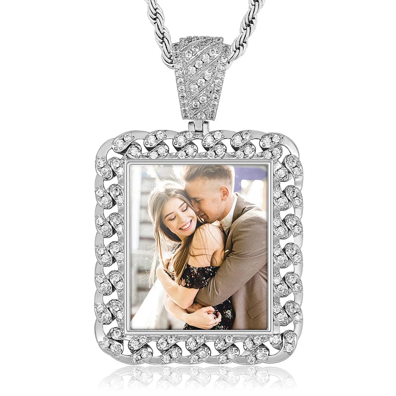 Silver Cuban Link Chain Shape Custom Photo Pendant Necklace Hip Hop Iced Out Picture Pendant