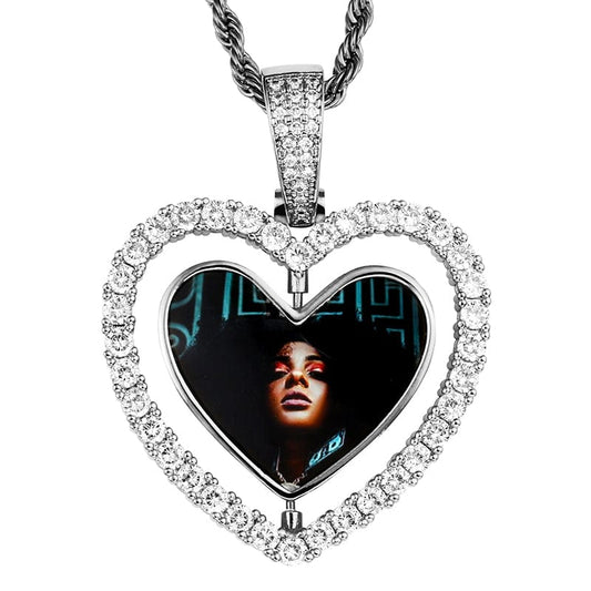 Silver Hip Hop Rotating Heart Locket Charms Pendant Custom Minimalist Sublimation Blanks Crystal Picture Frame Pendant