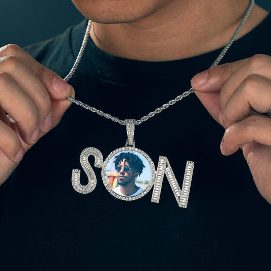 Custom Gold Plated CZ Diamond SON Charm Photo Pendant